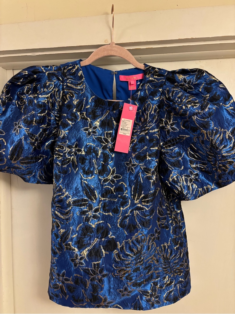 Lilly Pulitzer Blue Floral Jacquard Puff-Sleeve Top with Metallic Accents